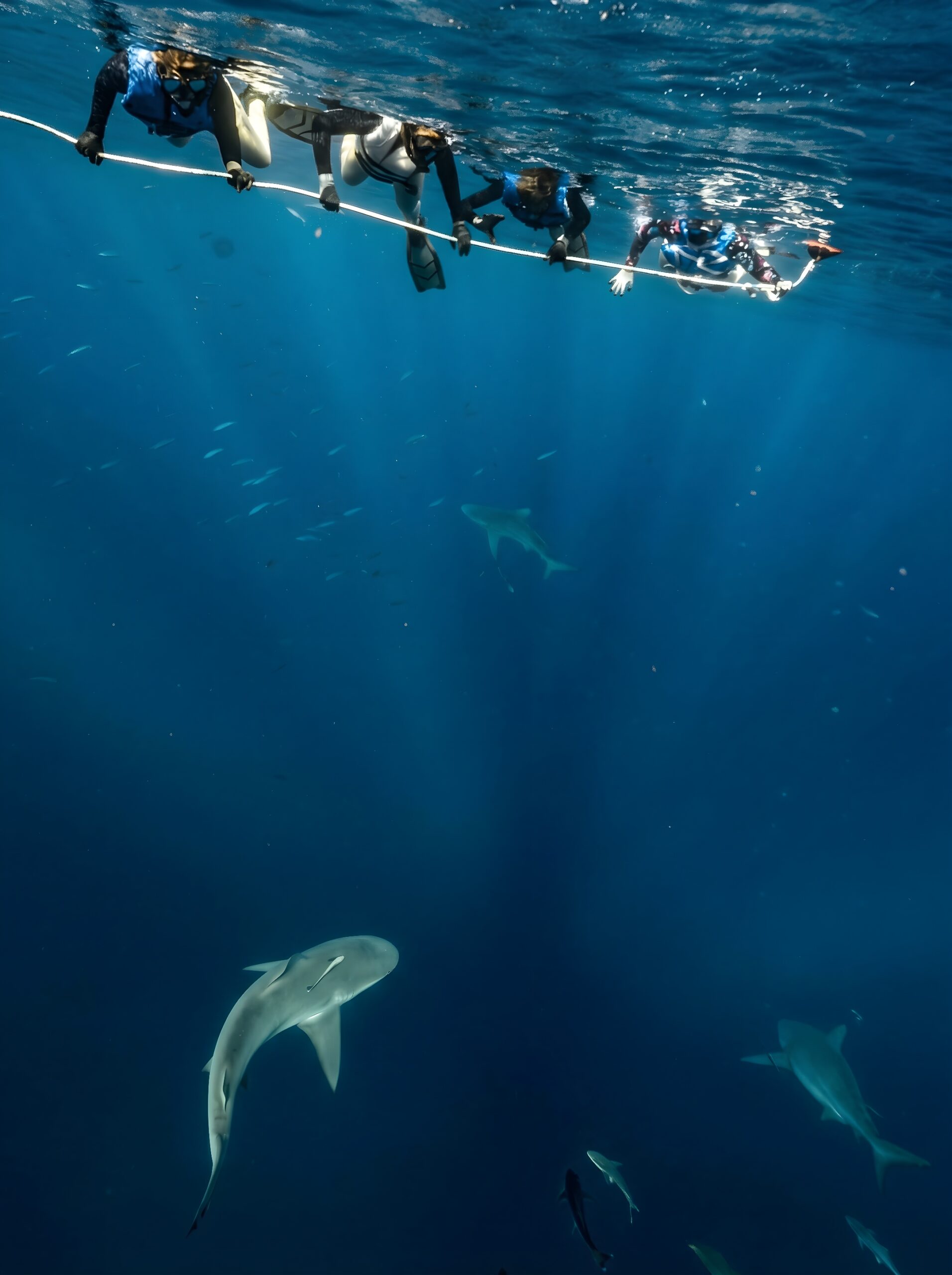 An image of a USVI Shark Diving adventure with divers on rope and sharks below. 