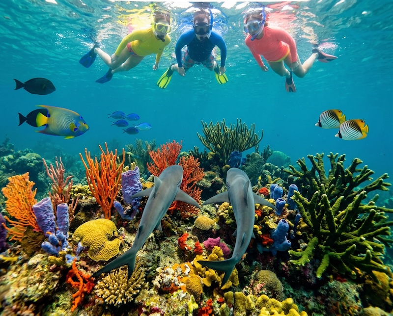 An image of a shark from below looking up at divers on a US Virgin Islands dive adventure. 